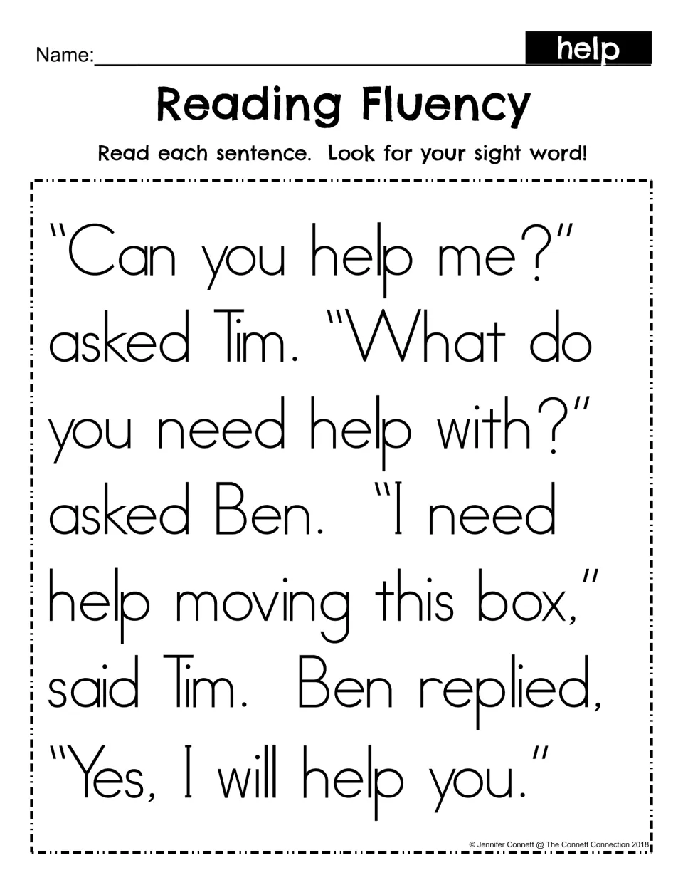 Reading fluency for sight word help: students read a short Tim and Ben dialogue and look for help in each sentence
