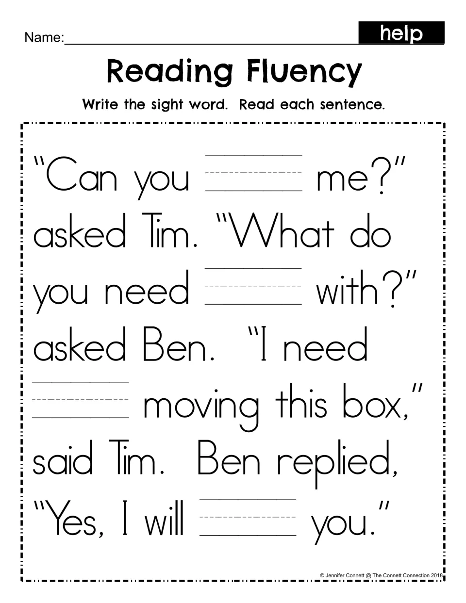 Sight word fill-in: students write help in four blanks in the Tim and Ben dialogue, then read each sentence for fluency