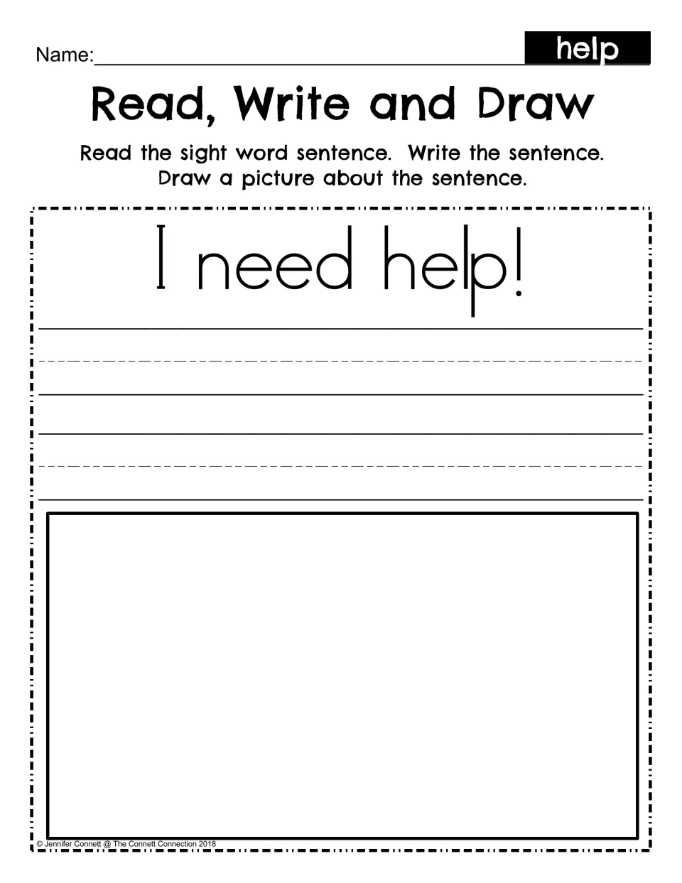 Read, Write and Draw: students read the sentence I need help!, copy it by hand and draw a picture to match