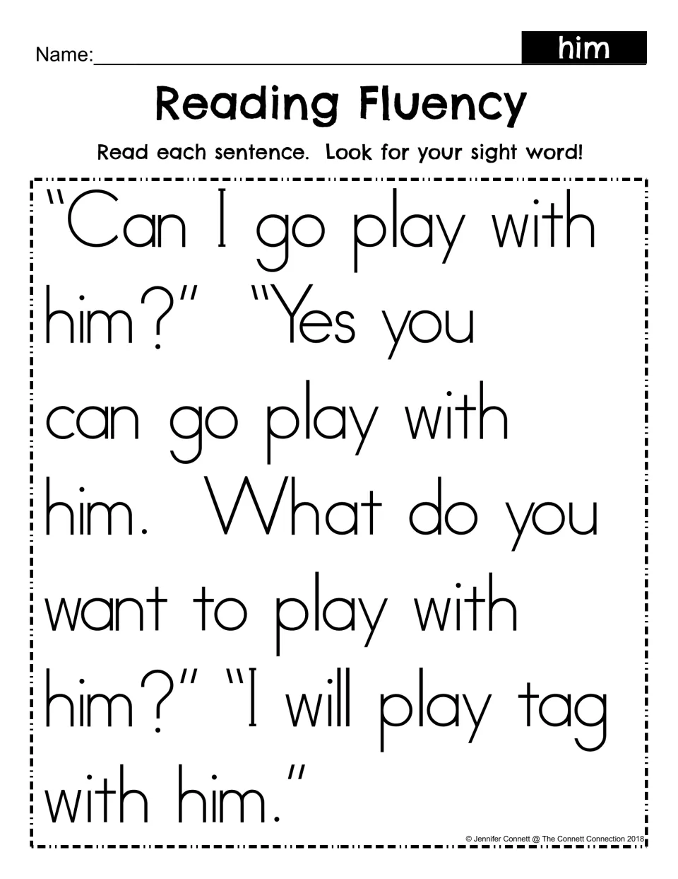 Reading Fluency for sight word him: students read a short dialogue about playing tag and look for him in each sentence