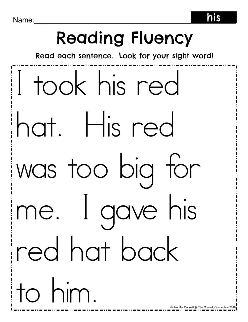 Sight word his reading fluency: students read a short passage about a red hat and look for each use of his