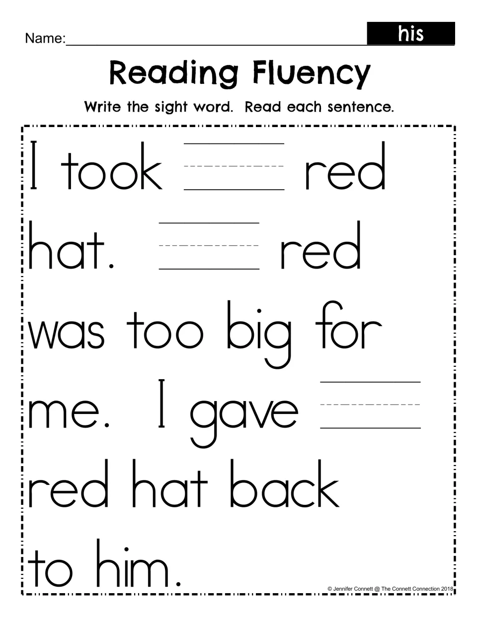 Sight word fill-in: students write his in three blanks of the red hat passage, then read each sentence