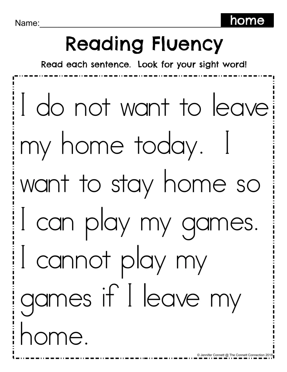 Reading Fluency for the sight word home: students read a short passage about staying home to play games and spot the word