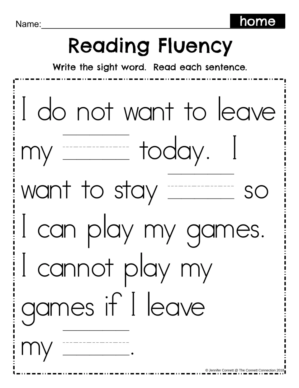 Fill-in fluency: students write the word home in three blanks of the same staying-home passage, then read each sentence