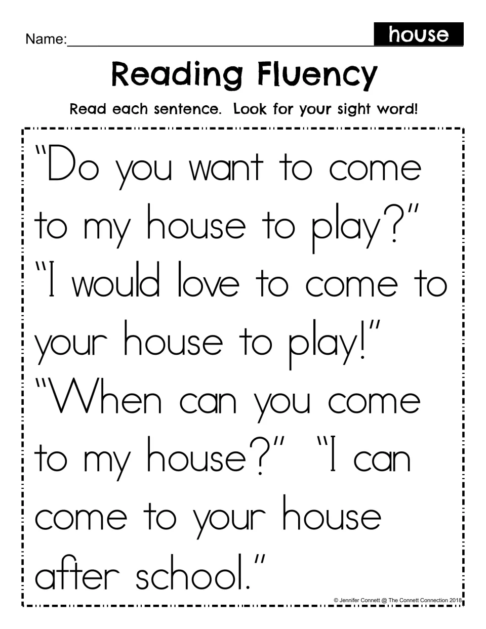 Reading Fluency, sight word house: students read a short dialogue about playing at a friend's house and find the word