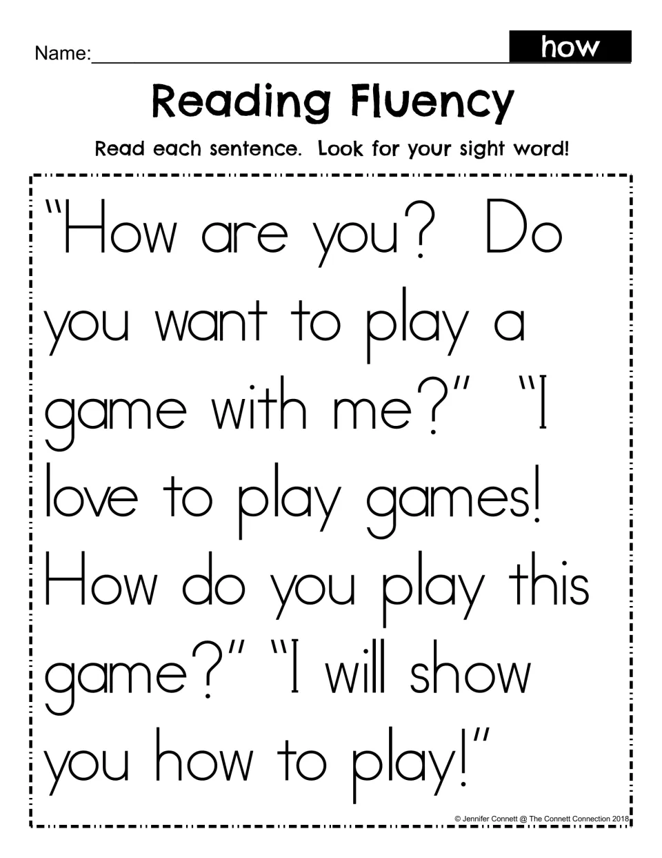 Reading Fluency for sight word how: students read a short dialogue about playing a game and find each use of how