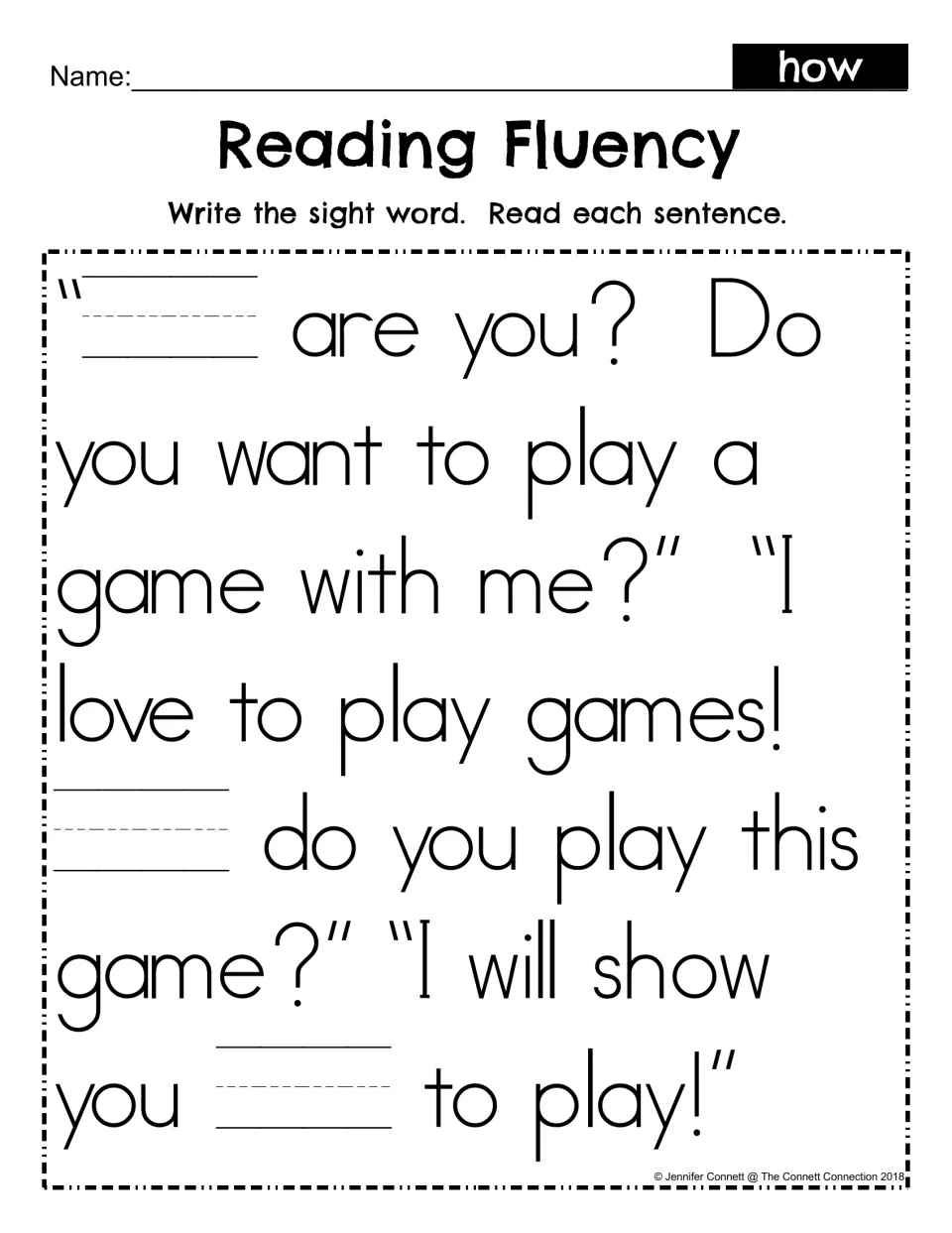 Sight word how fill-in: students write how in three blanks of the game dialogue, then read the full passage
