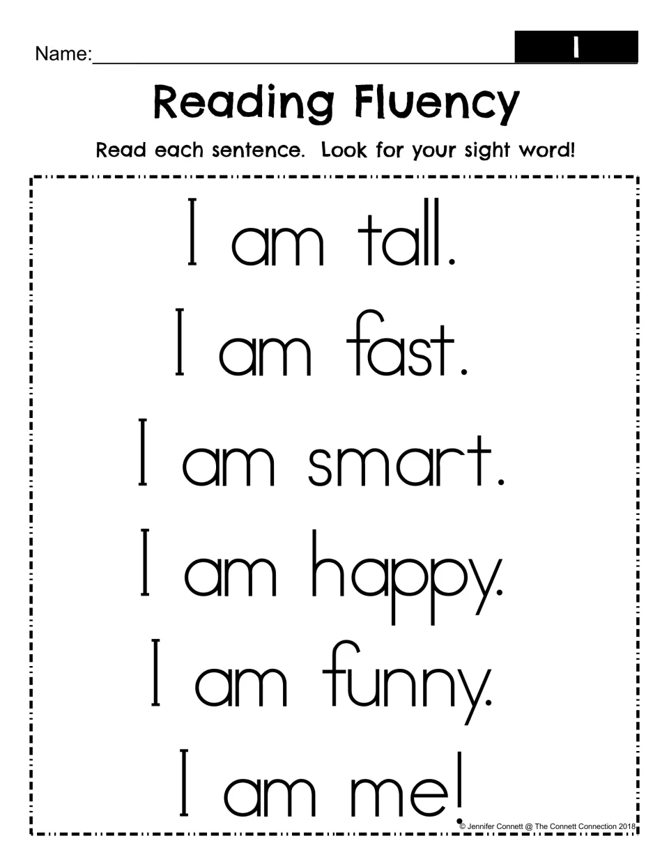 Sight word I reading fluency: students read six sentences such as I am tall and I am funny, looking for the word I