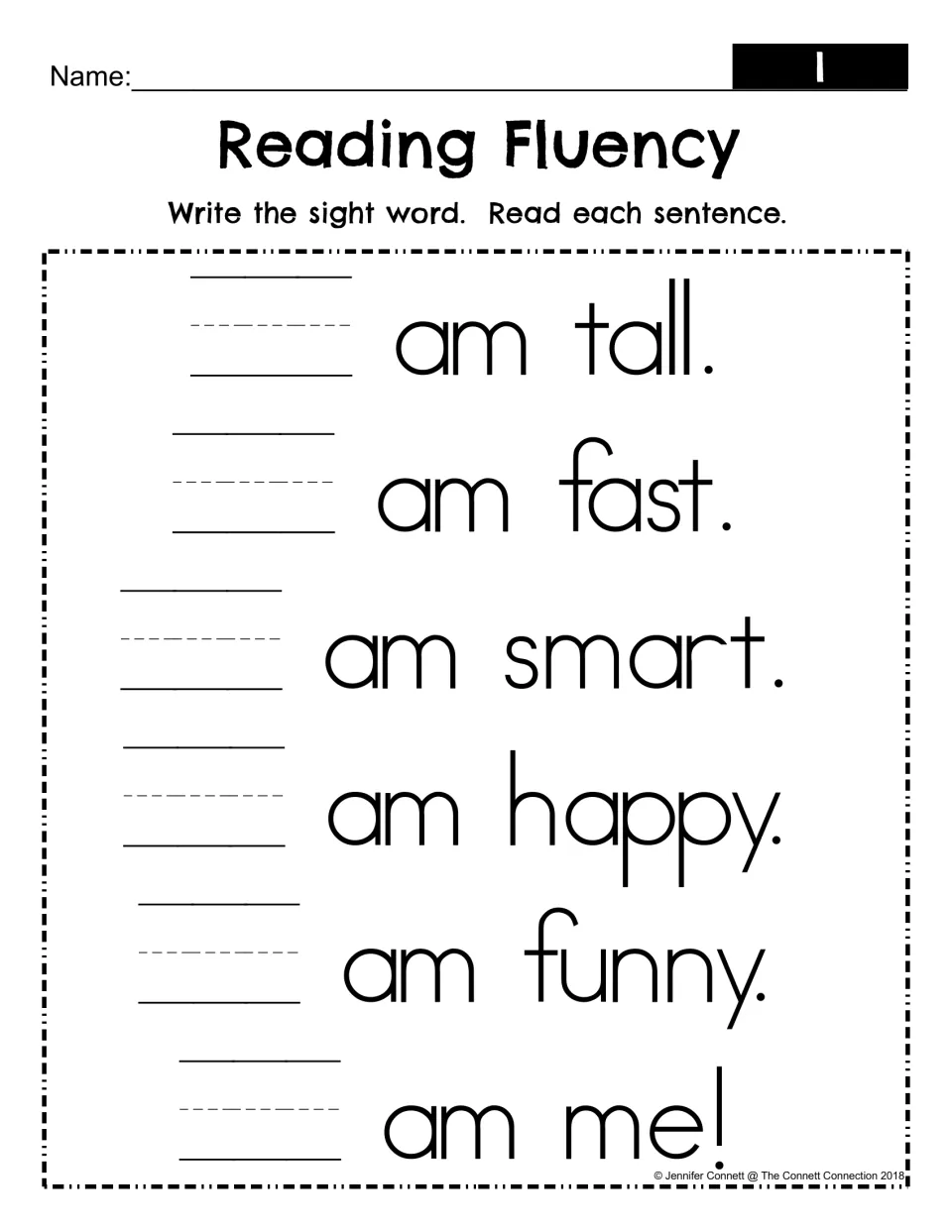 Sight word I fill-in: students write I before each of six sentences like am fast, then read each one aloud