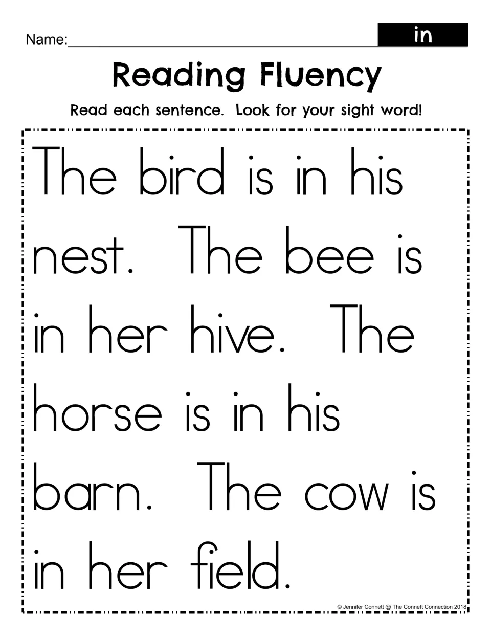 Sight word in reading fluency: students read a four-sentence passage about animals in a nest, hive, barn and field