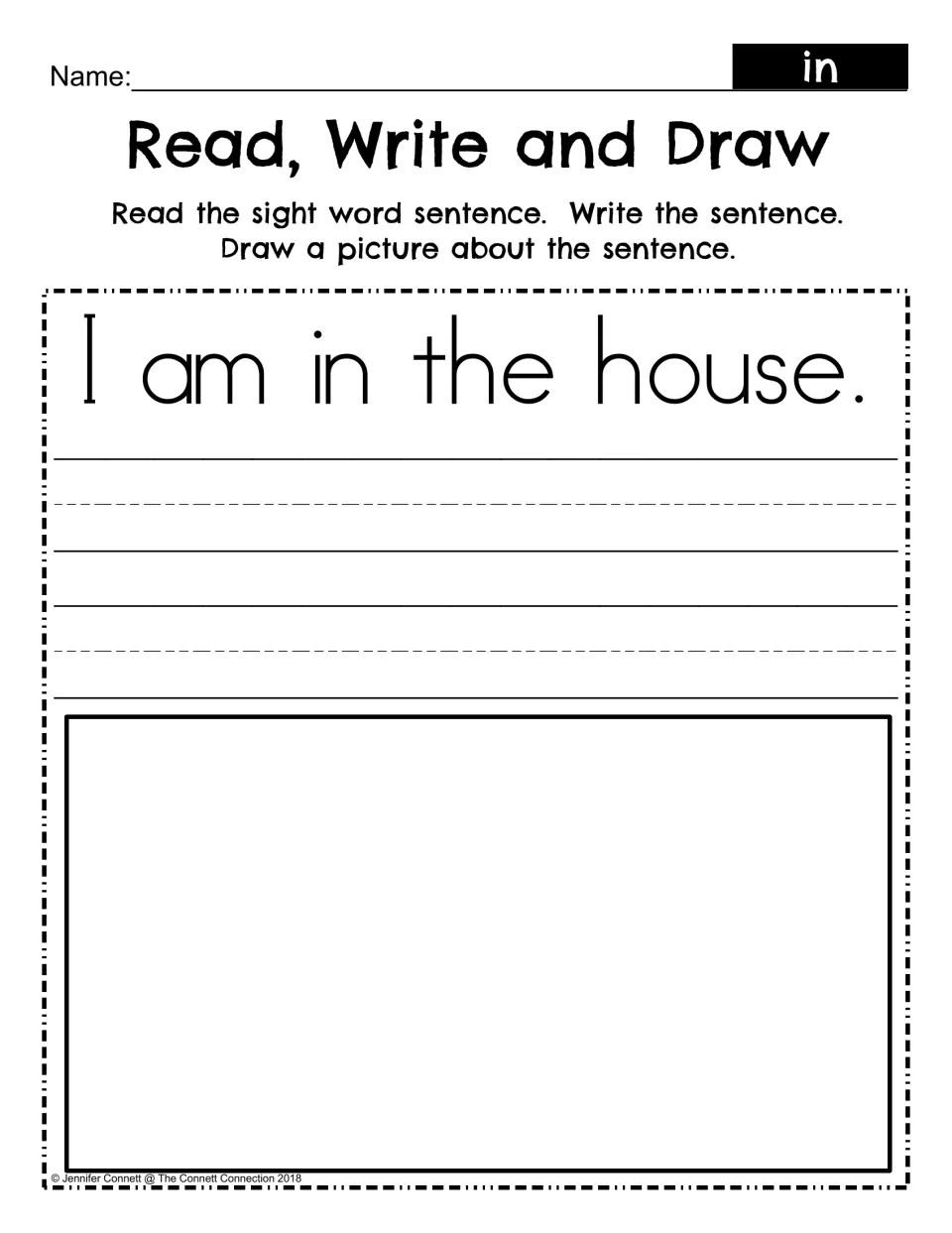 Read, Write and Draw: students read 'I am in the house,' copy it on handwriting lines and draw a matching picture