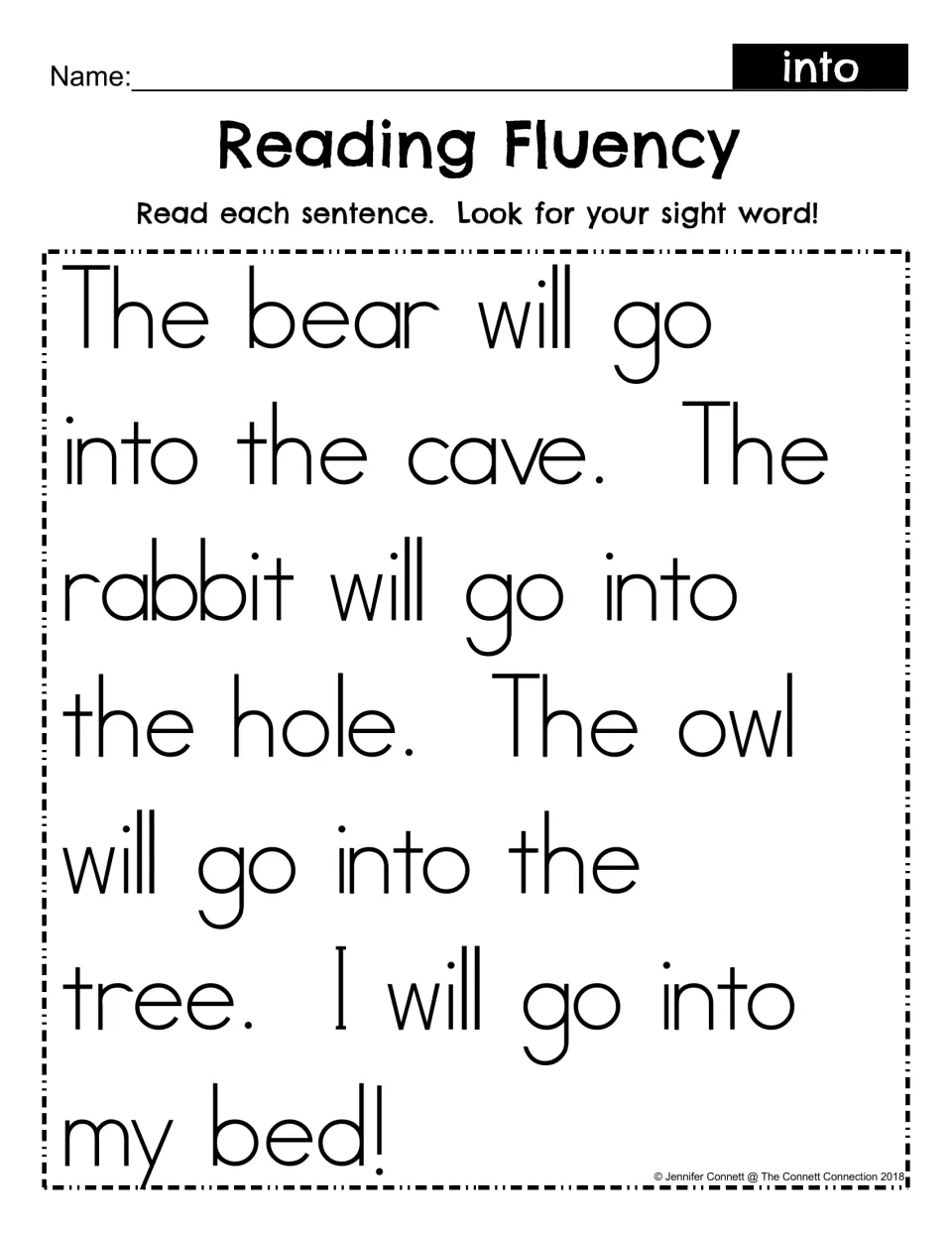 Reading Fluency for sight word into: students read a short passage about a bear, rabbit and owl, finding the word into