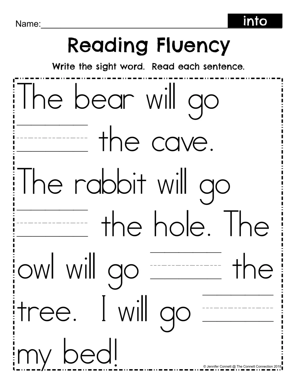 Sight word into fill-in: students write into in four blanks of the bear, rabbit, owl and bed passage, then reread it