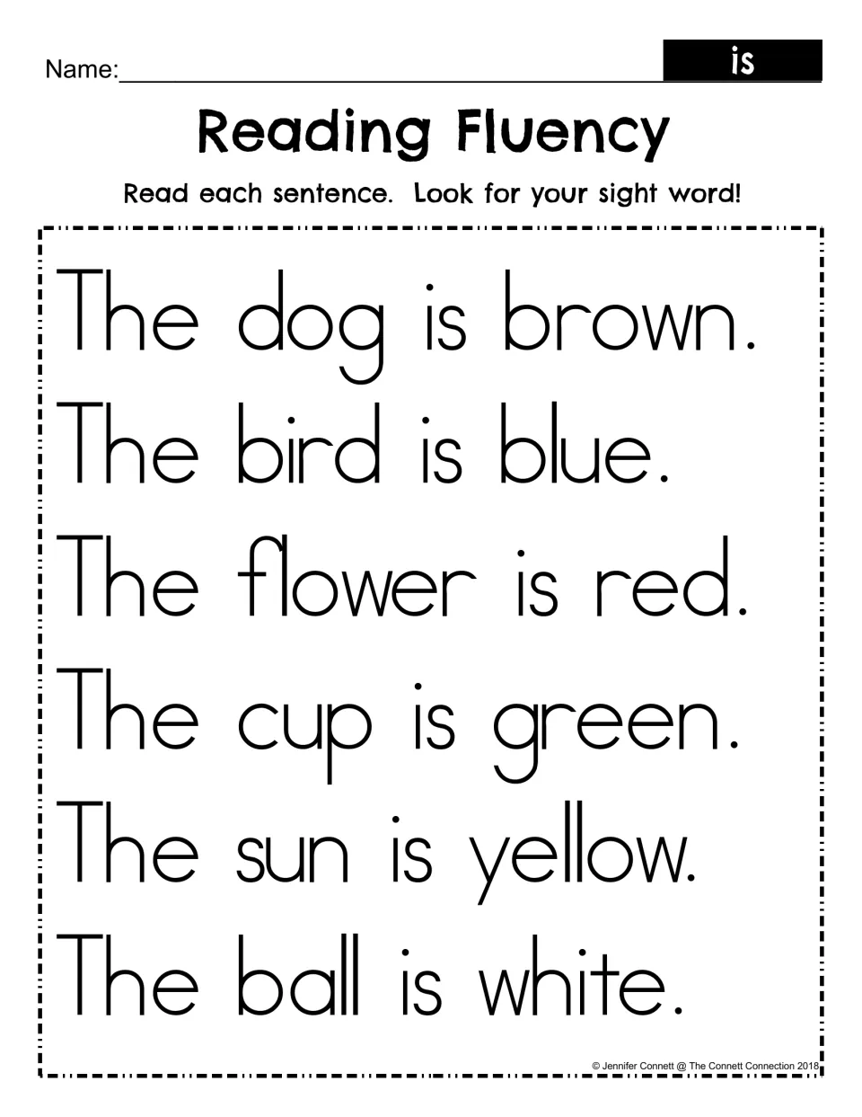 Reading fluency practice for 'is': six sentences about the colors of a dog, bird, flower, cup, sun, and ball.