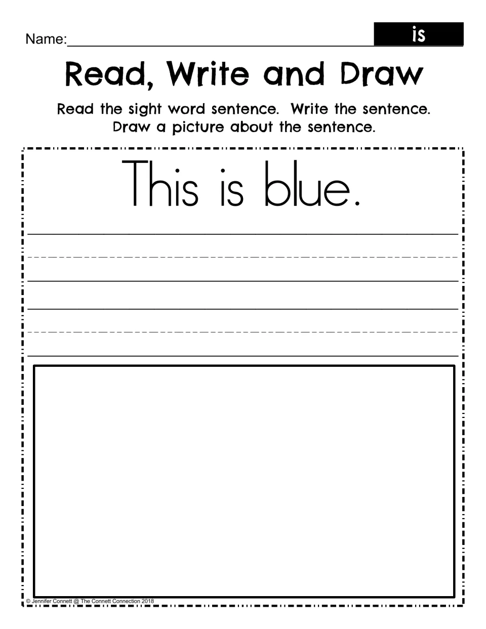 Read, write, and draw practice for 'is': read and copy 'This is blue.' and draw a picture of the sentence.
