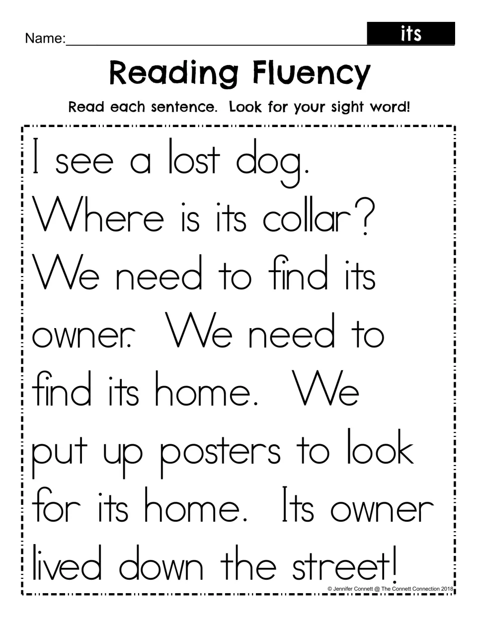 Reading fluency for sight word its: students read a short lost-dog story and look for the word its as they read