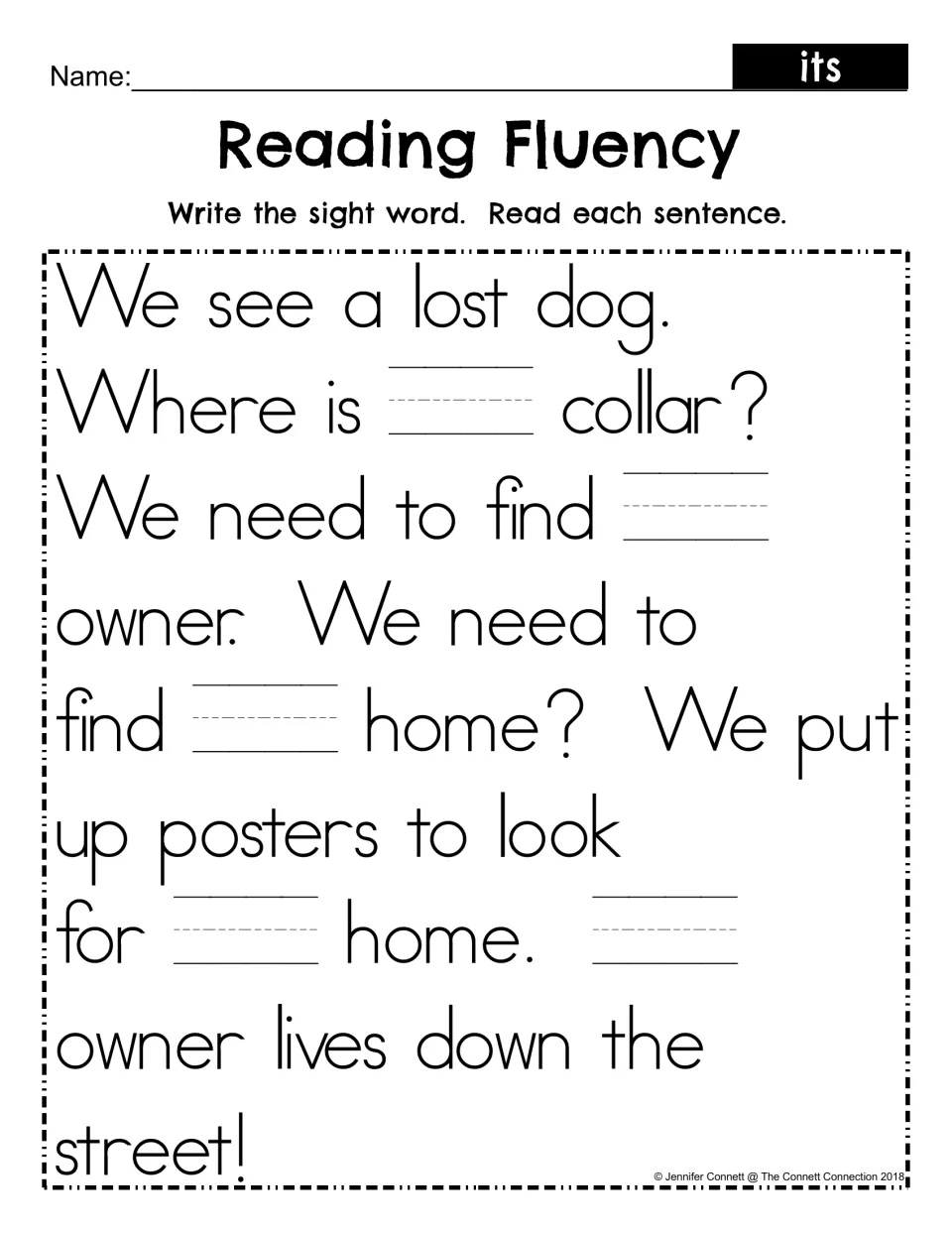 Sight word its fill-in: students write its in five blanks of the lost-dog story, then read every sentence