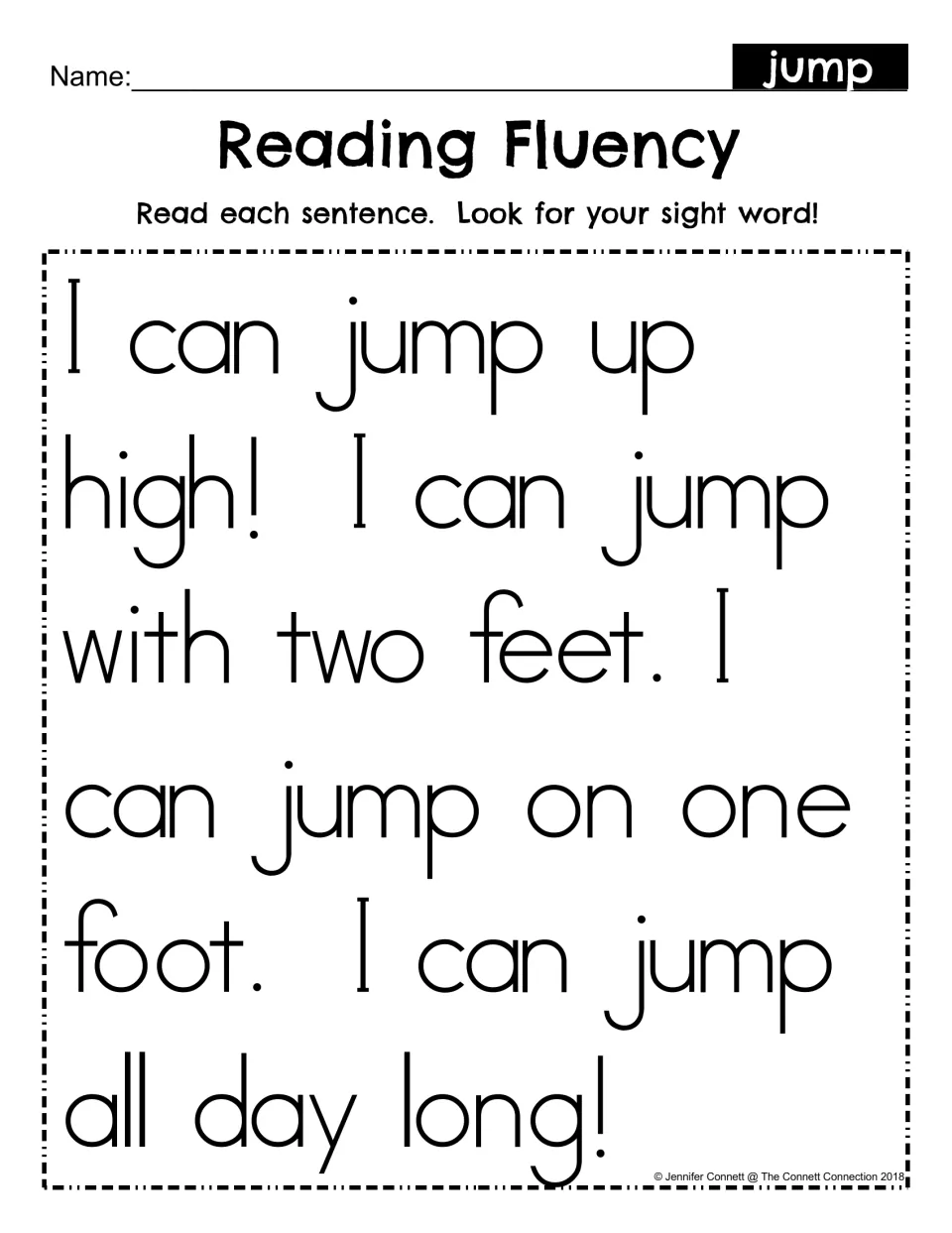 Reading fluency passage using “jump” in four sentences about jumping high, with two feet, and on one foot.