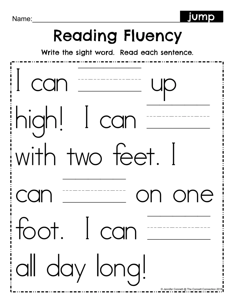 Sight word writing practice with four blanks for “jump” in the passage beginning “I can ___ up high!”