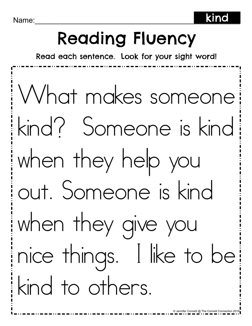 Reading fluency passage for the sight word kind: students read about what makes someone kind and find the word