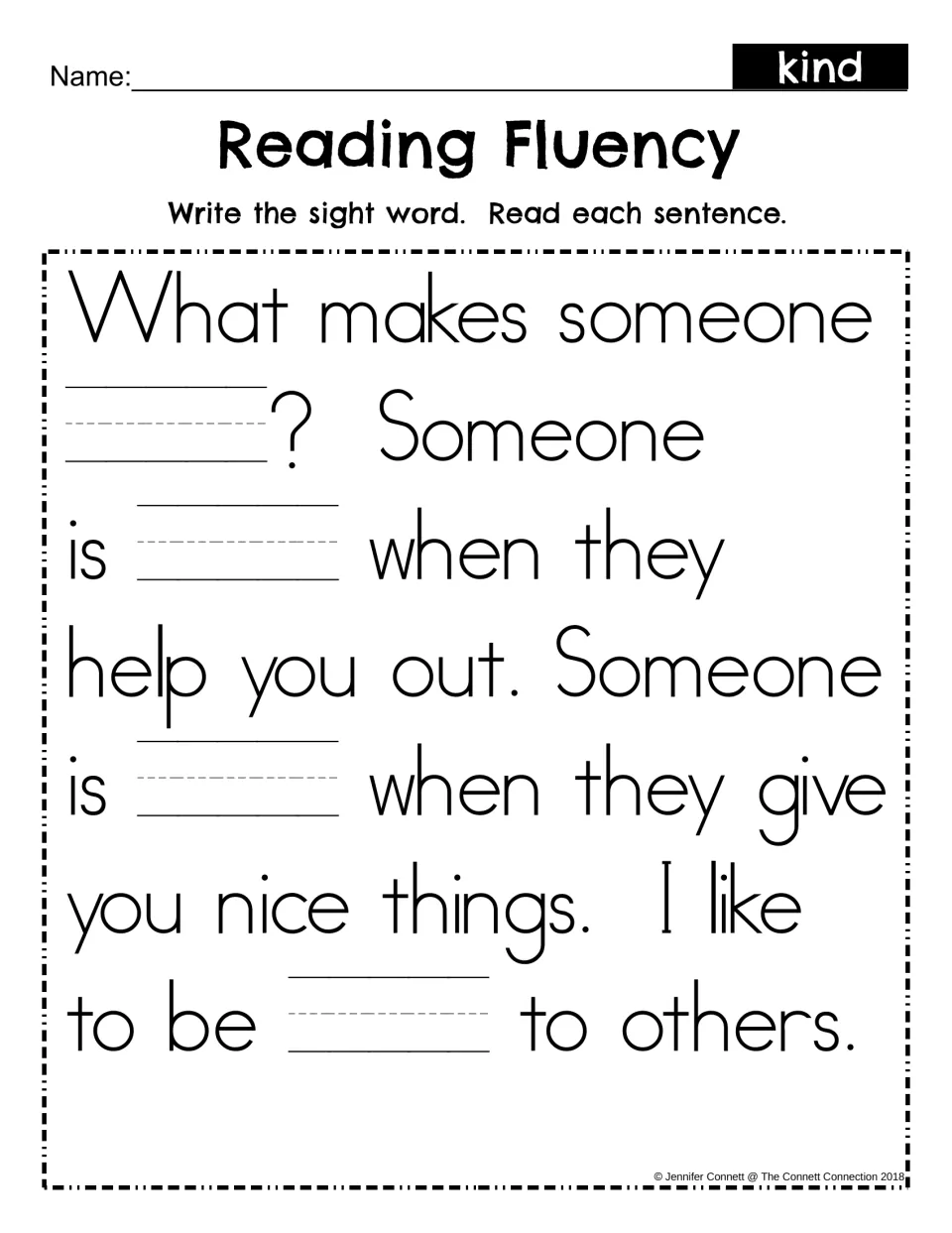 Reading fluency cloze: students write kind in four blanks of the same passage about kindness, then read it aloud