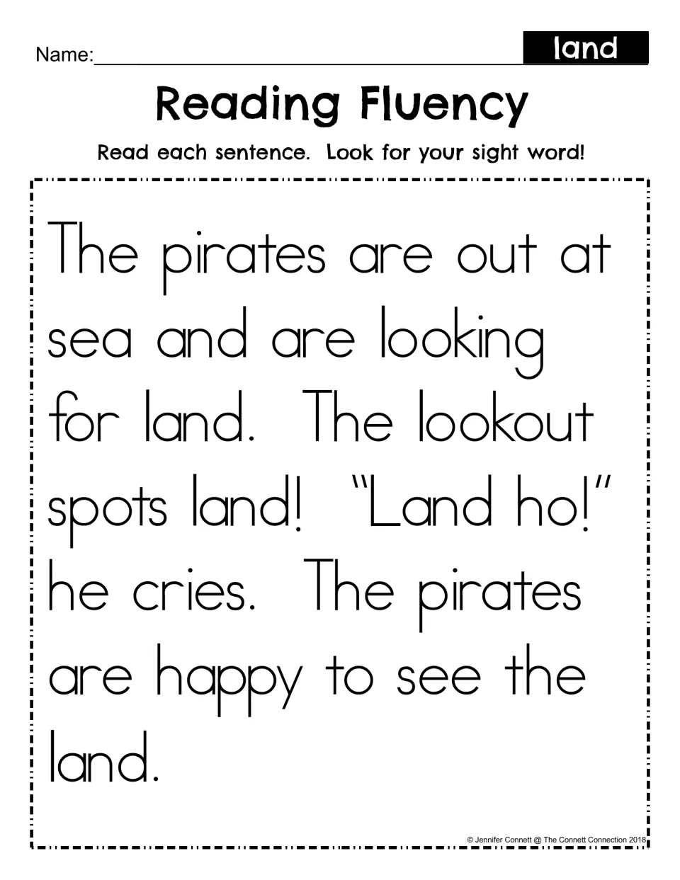 Reading Fluency for sight word land: students read a short pirate story and find land each time it appears
