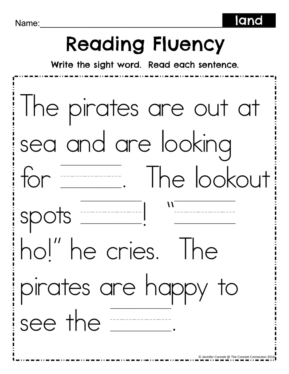 Reading Fluency fill-in: students write the sight word land in four blanks of the pirate story, then read each sentence