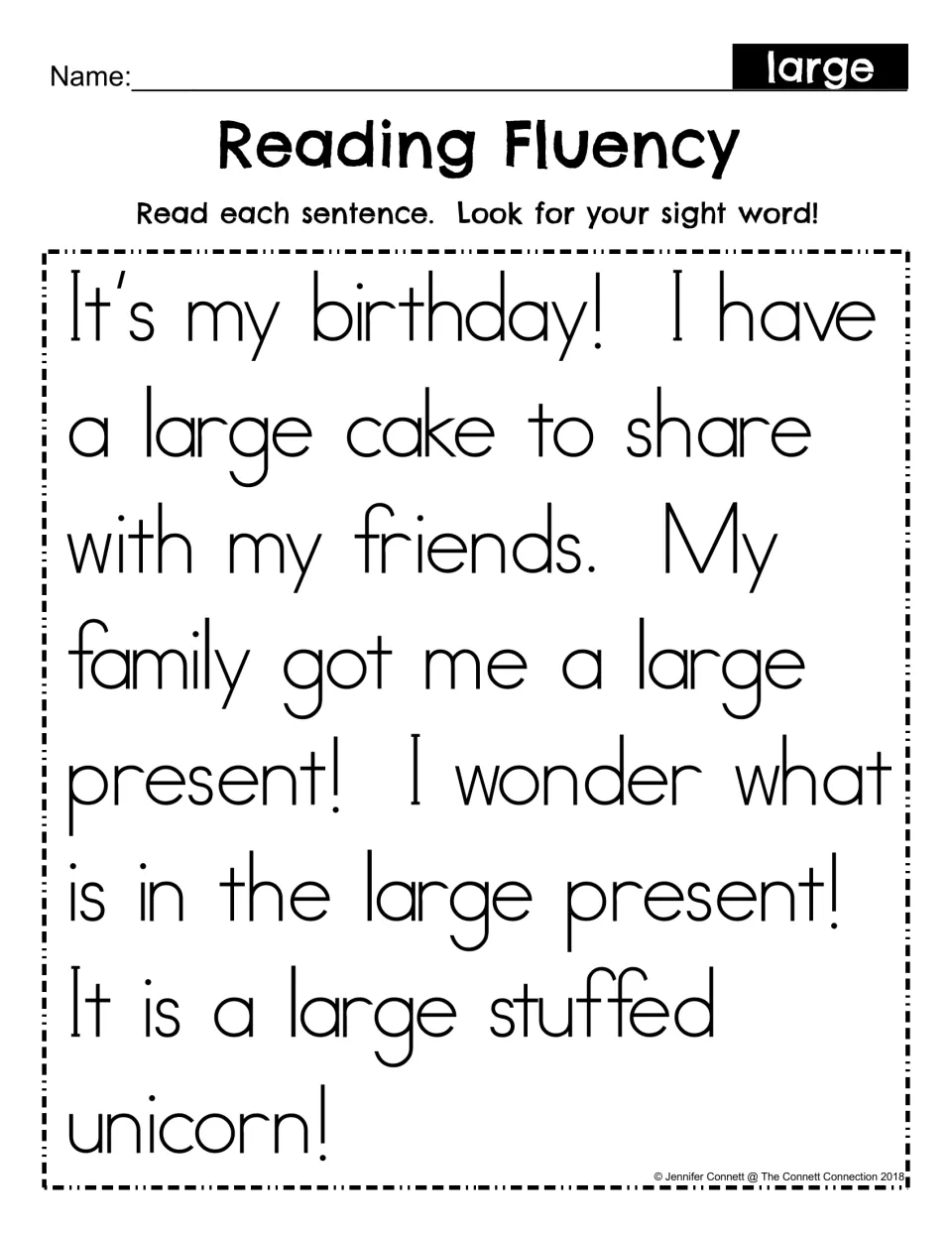 Sight word large reading fluency: students read a birthday story about a cake and present and look for the word large