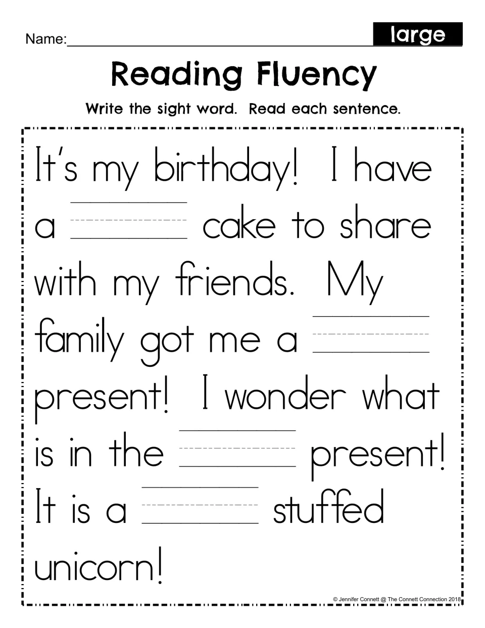 Sight word fill-in: students write large in four blanks of the birthday cake and unicorn story, then read each sentence