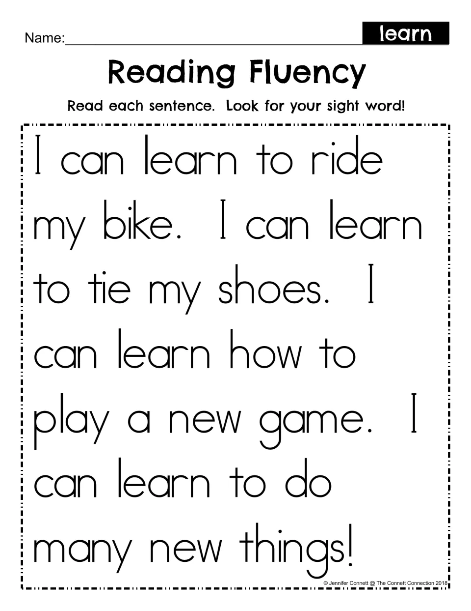 Reading Fluency passage for the sight word learn: students read four I can learn sentences, such as riding a bike