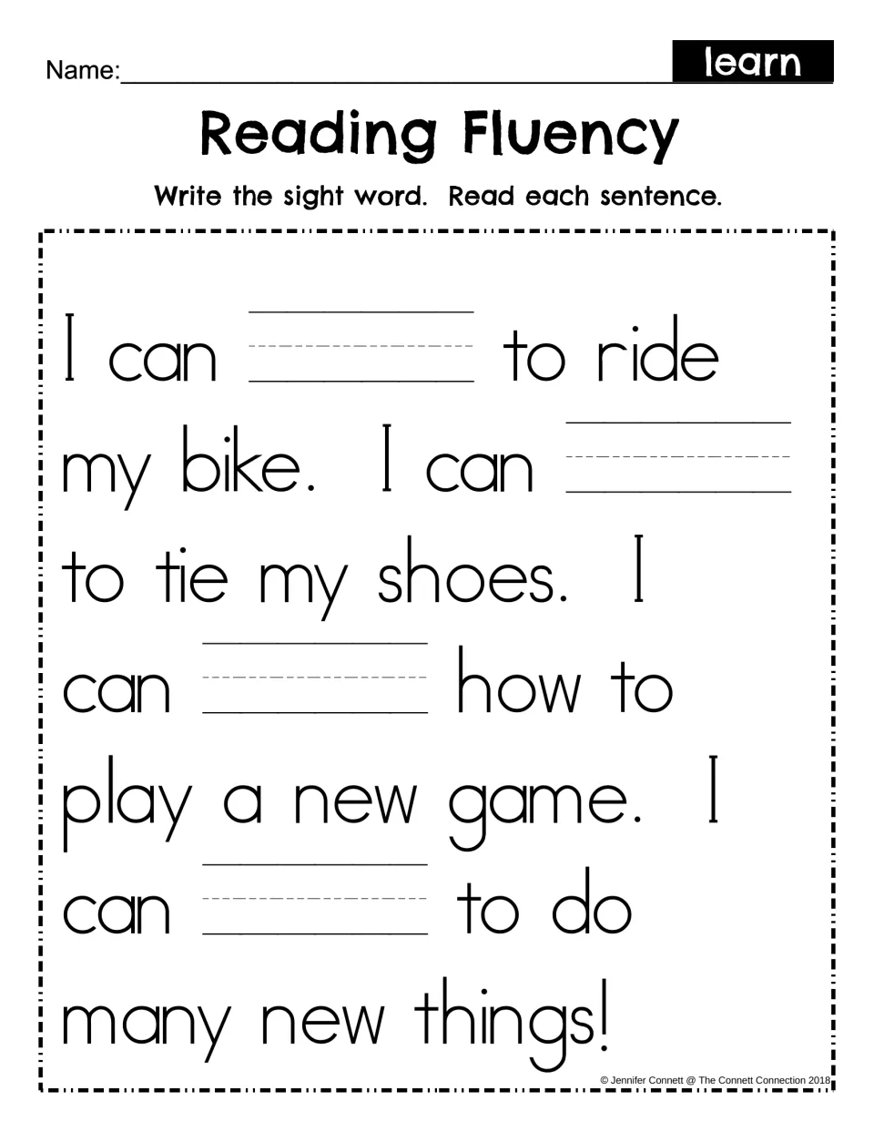 Sight word fill-in: students write learn in four blanks of the same I can passage, then read each sentence aloud