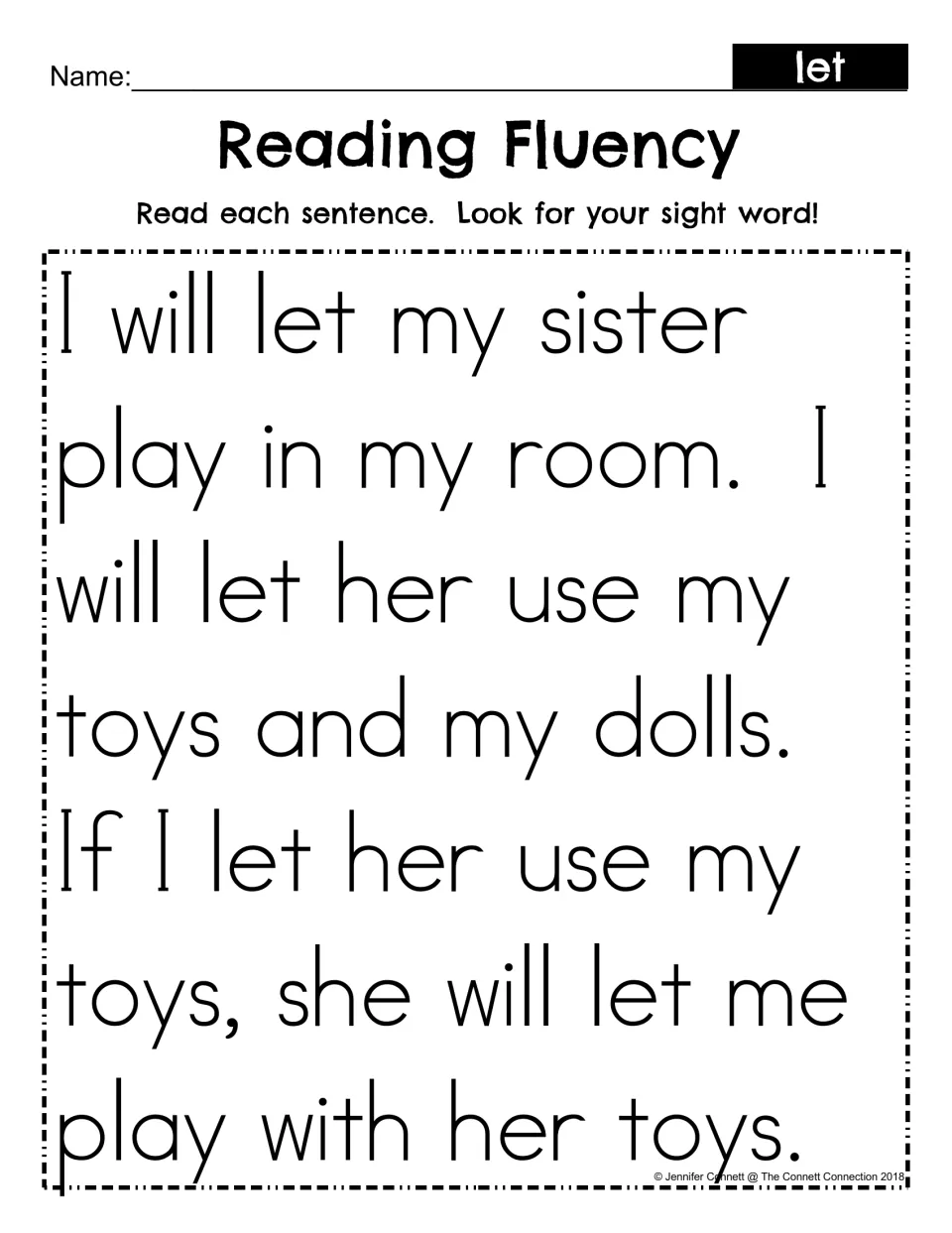Reading Fluency for sight word let: students read a short passage about sharing toys with a sister and spot each let