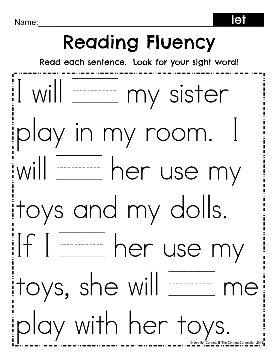 Reading Fluency fill-in: students write the sight word let in four blanks of the same passage about sharing toys