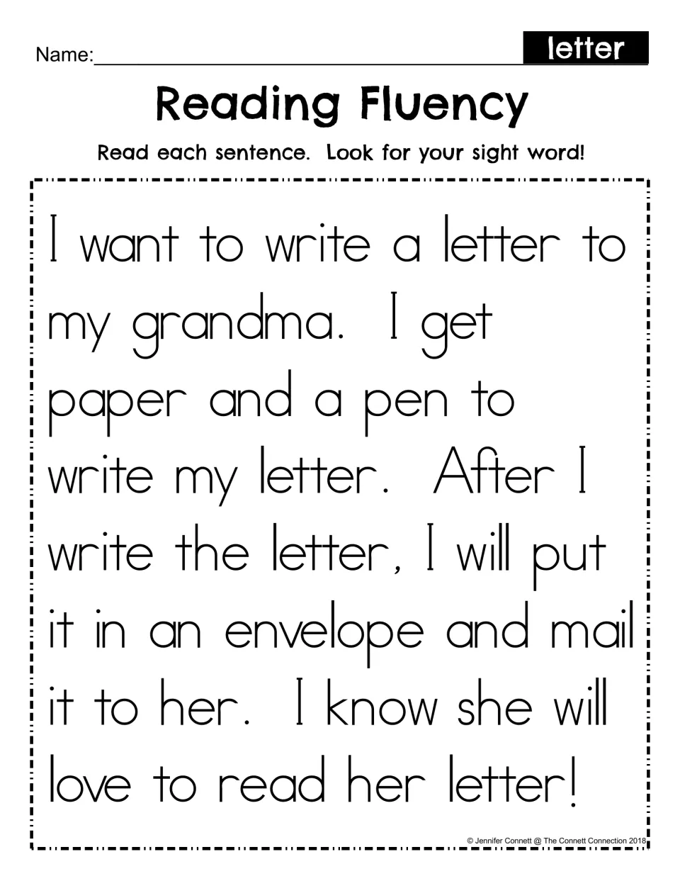 Reading Fluency for the sight word letter: students read a short passage about writing and mailing a letter to grandma