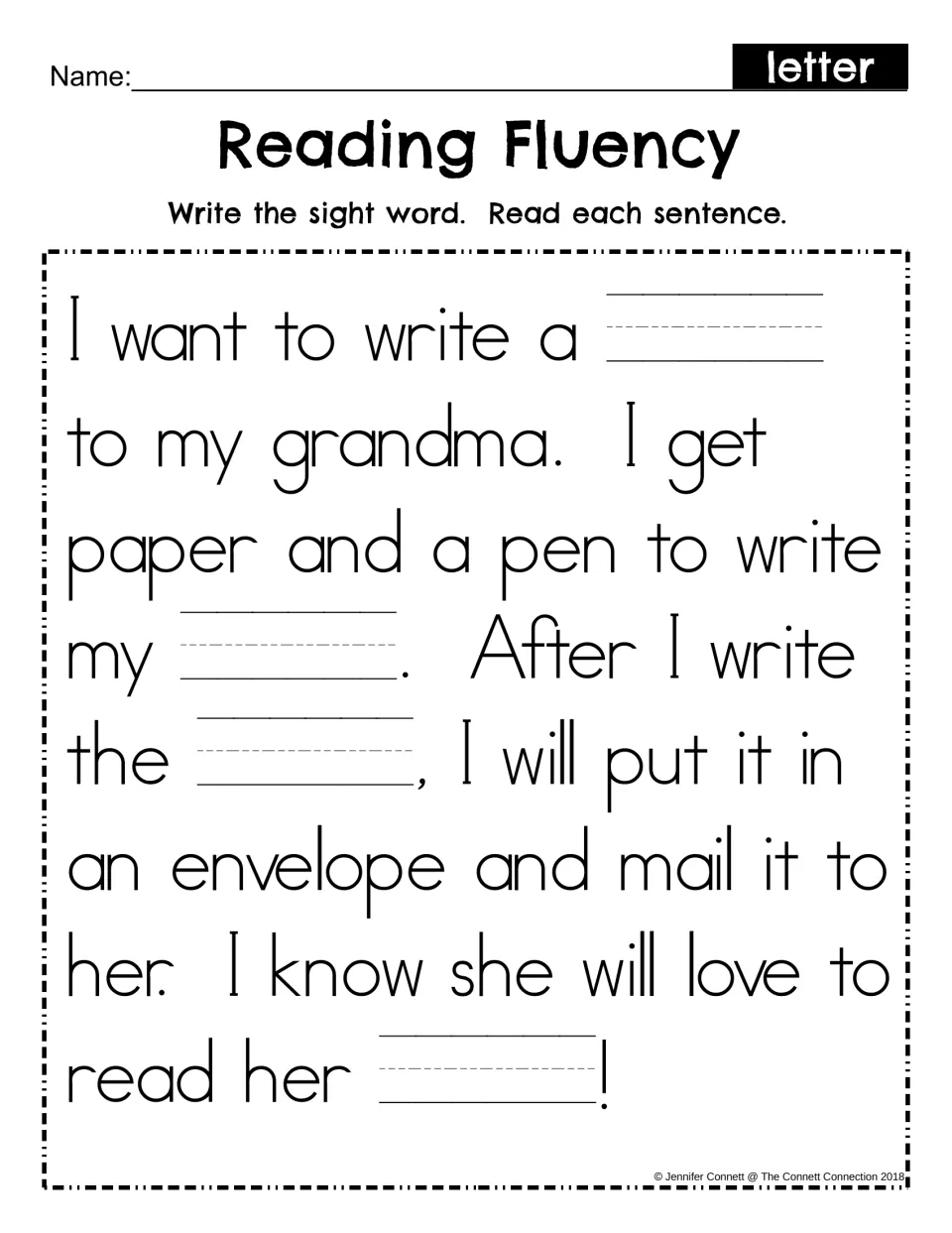 Sight word letter fill-in: students write the missing word in four blanks, then reread the grandma letter passage