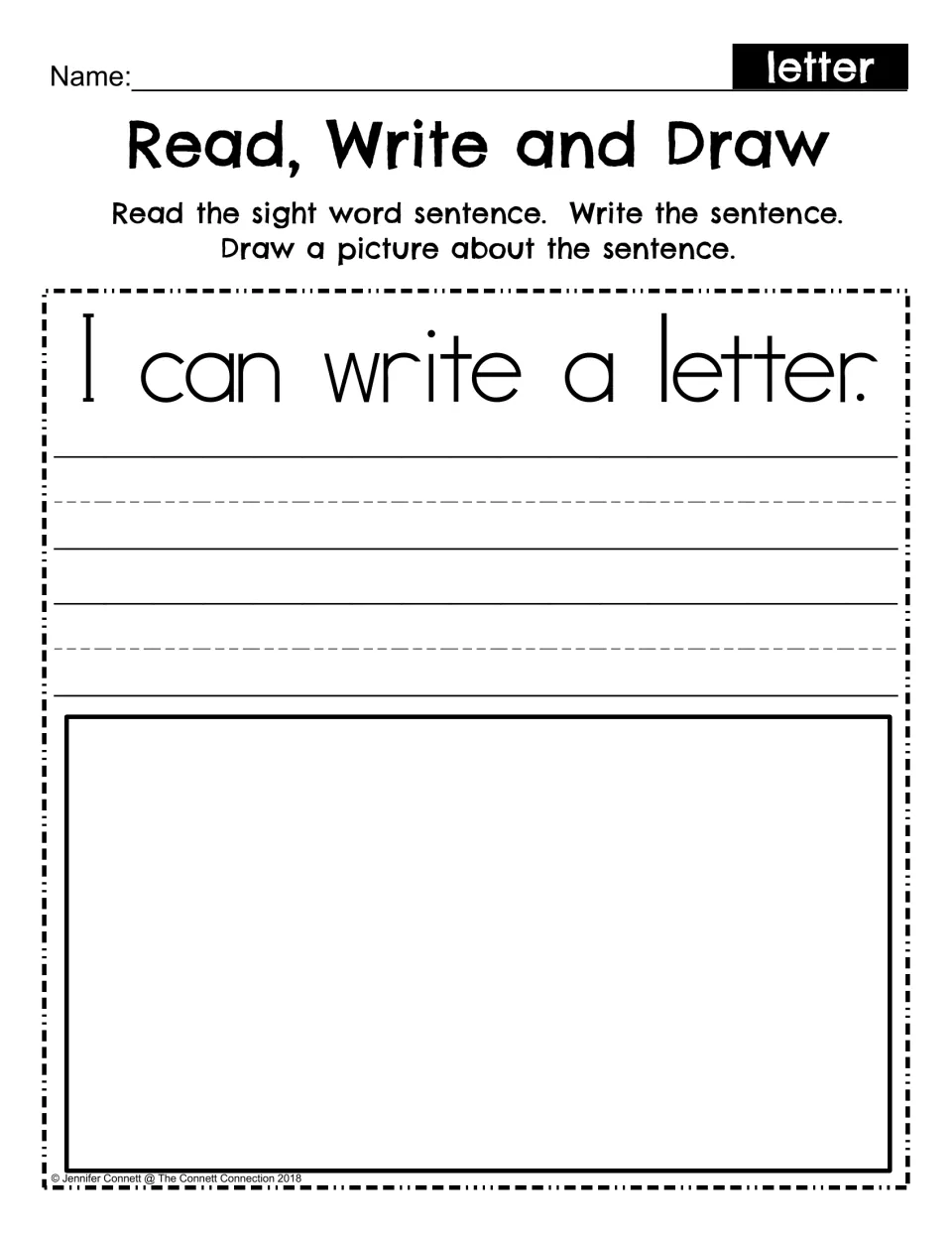 Read, Write and Draw: students read 'I can write a letter.', copy the sentence on handwriting lines and draw a picture