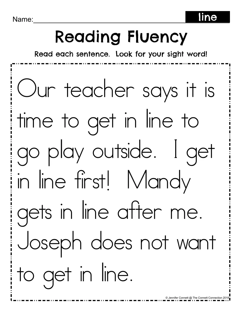 Reading Fluency for sight word line: students read a short story about lining up to play outside and find the word