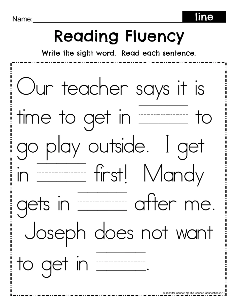 Reading Fluency cloze story: students write the sight word line in each of four blanks, then reread the lining-up story