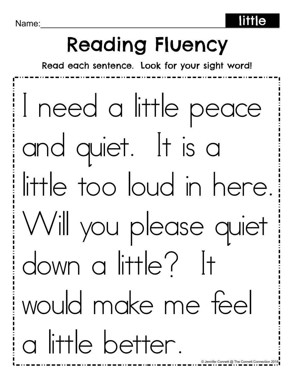 Reading fluency for sight word little: students read a short passage about wanting peace and quiet and find each little
