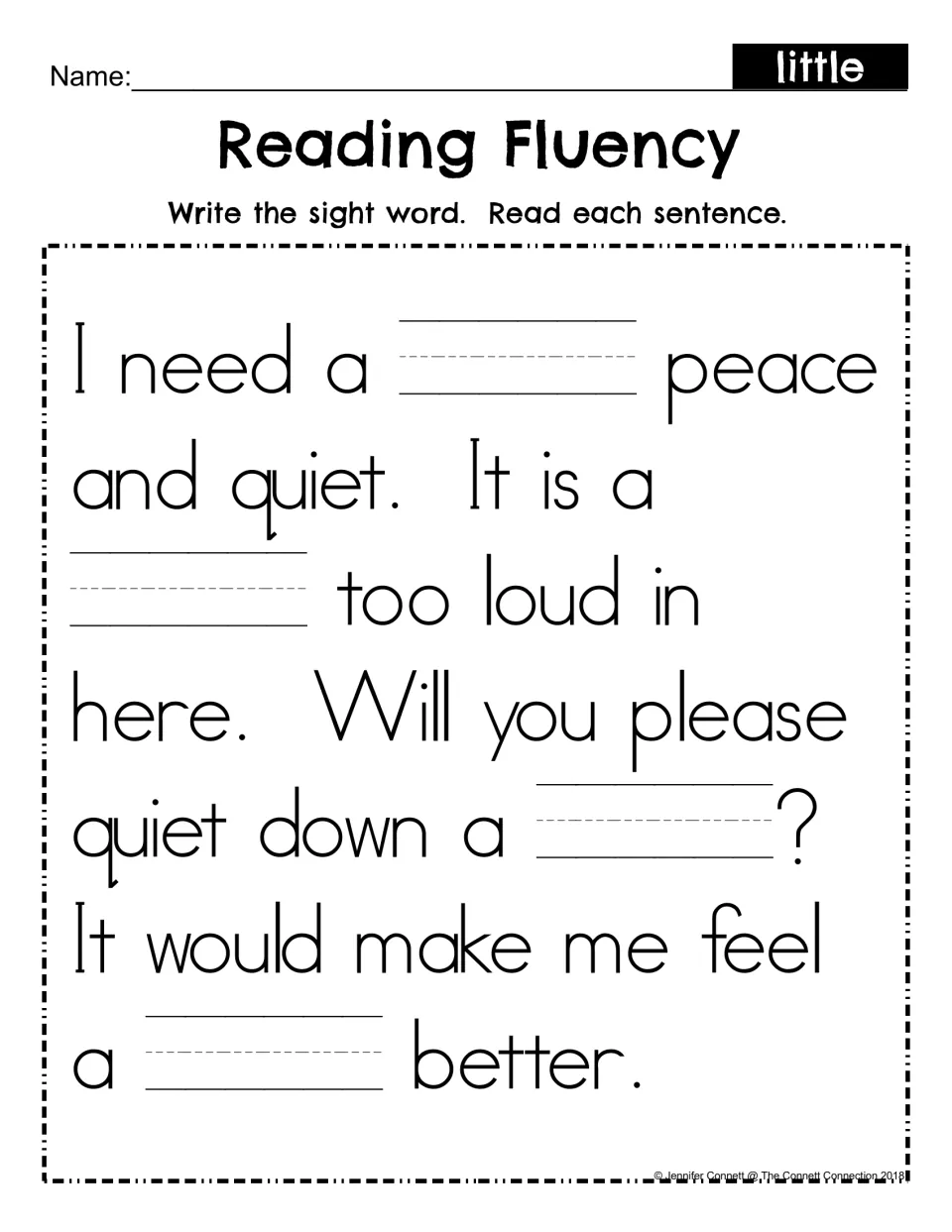 Sight word little fill-in: students write little in four blanks of the peace and quiet passage, then reread each sentence