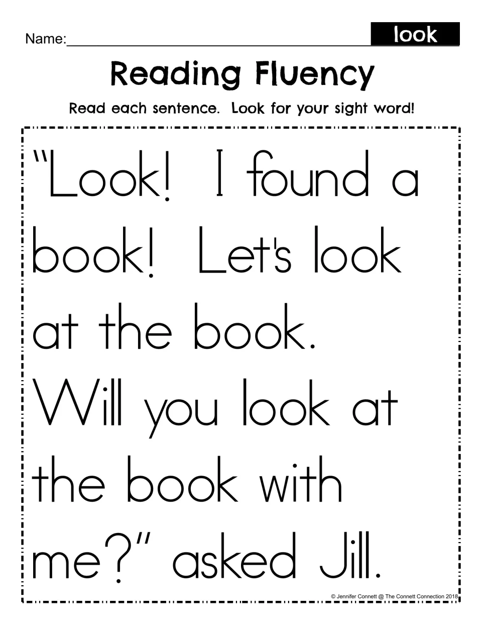 Reading Fluency for sight word look: students read a short story where Jill finds a book and spot each use of look