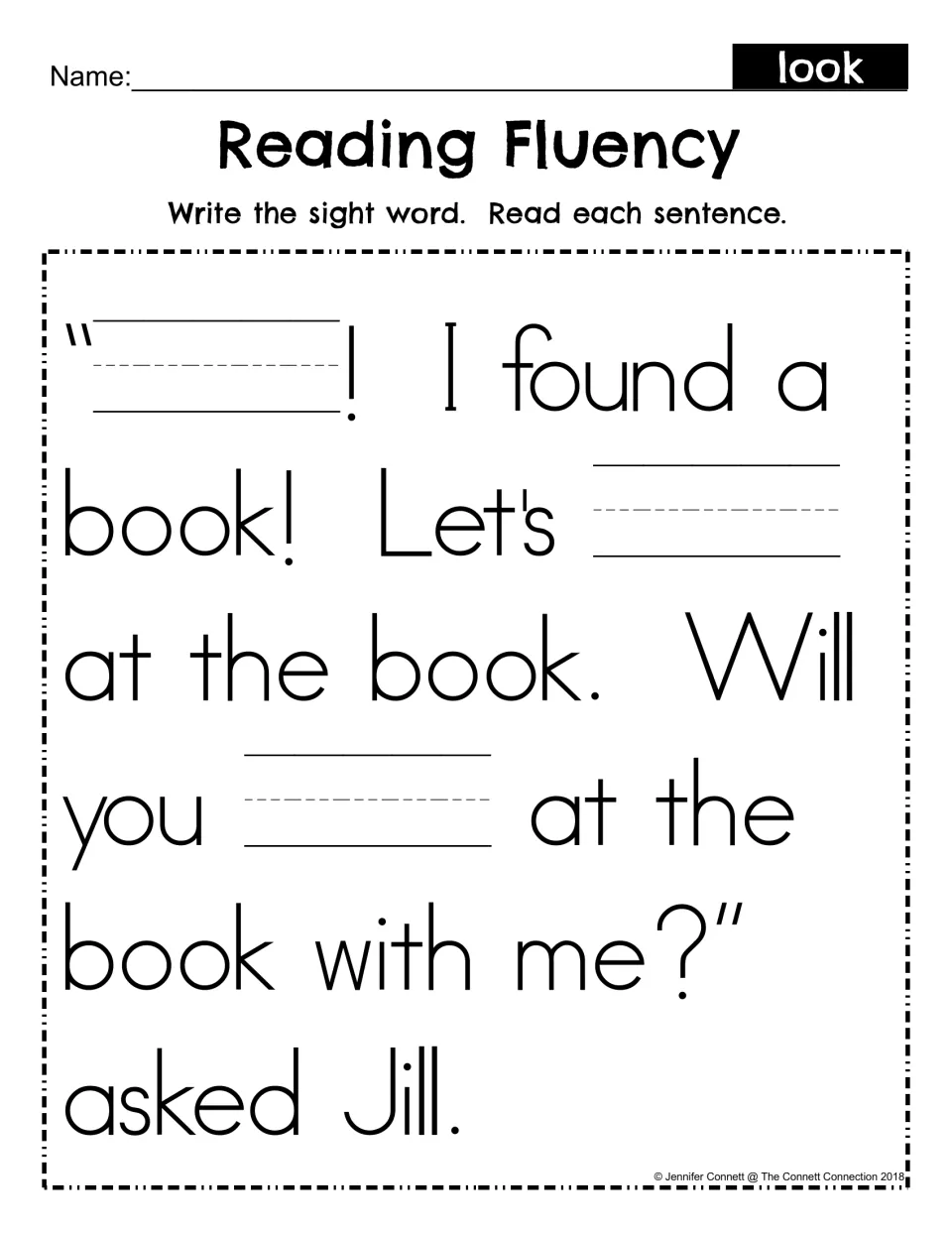 Reading Fluency fill-in: students write the sight word look in three blanks of the Jill book story, then read it aloud