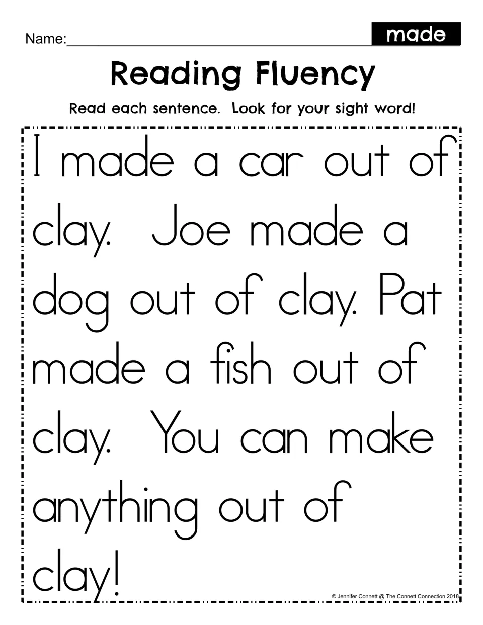 Reading Fluency for sight word made: students read a short passage about making a car, dog and fish out of clay