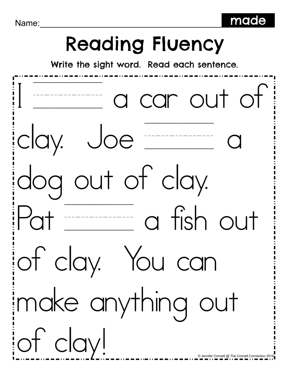 Sight word made fill-in: students write made in three blanks of the clay passage, then read each sentence