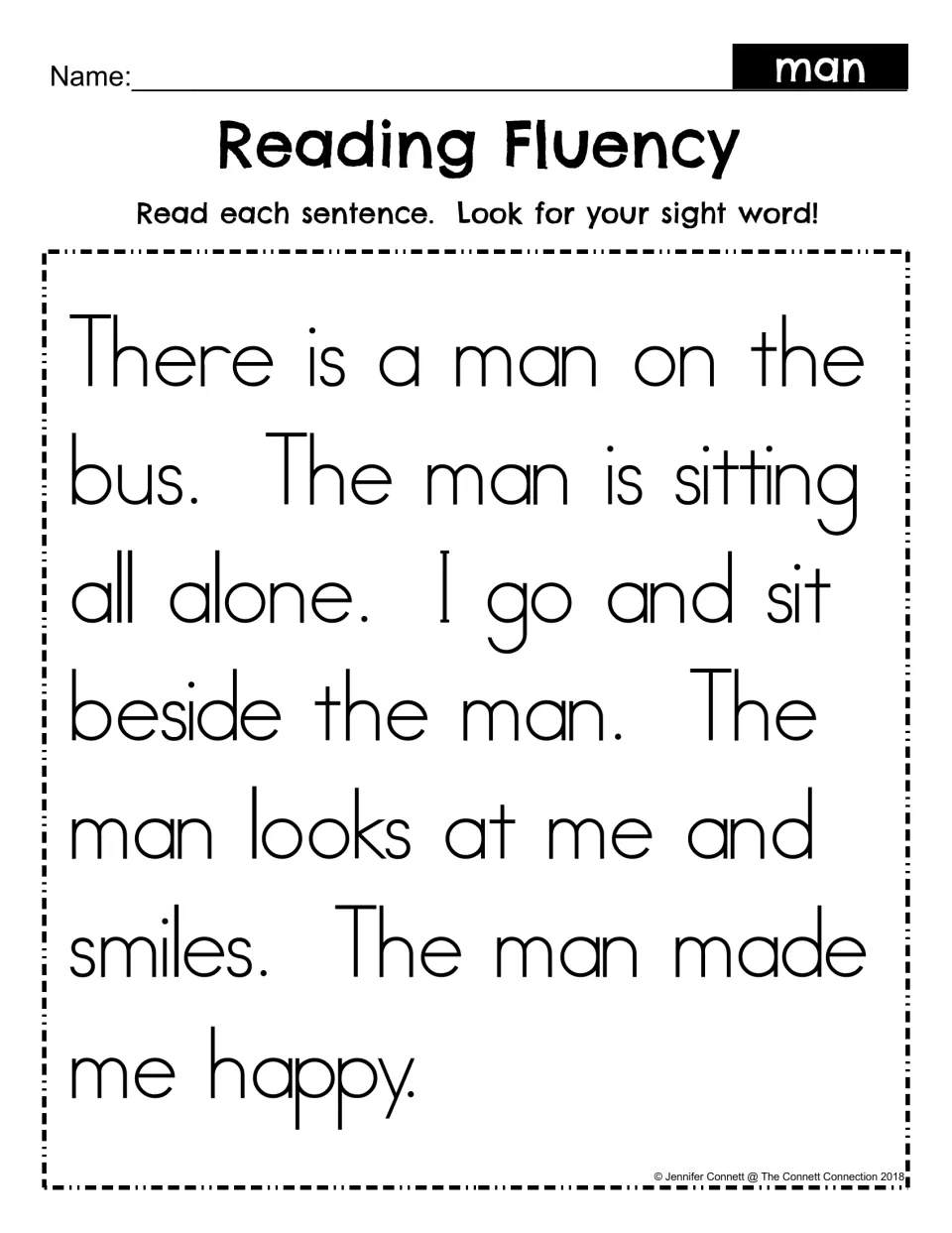 Reading Fluency for the sight word man: students read a story about sitting beside a man on the bus and spot the word