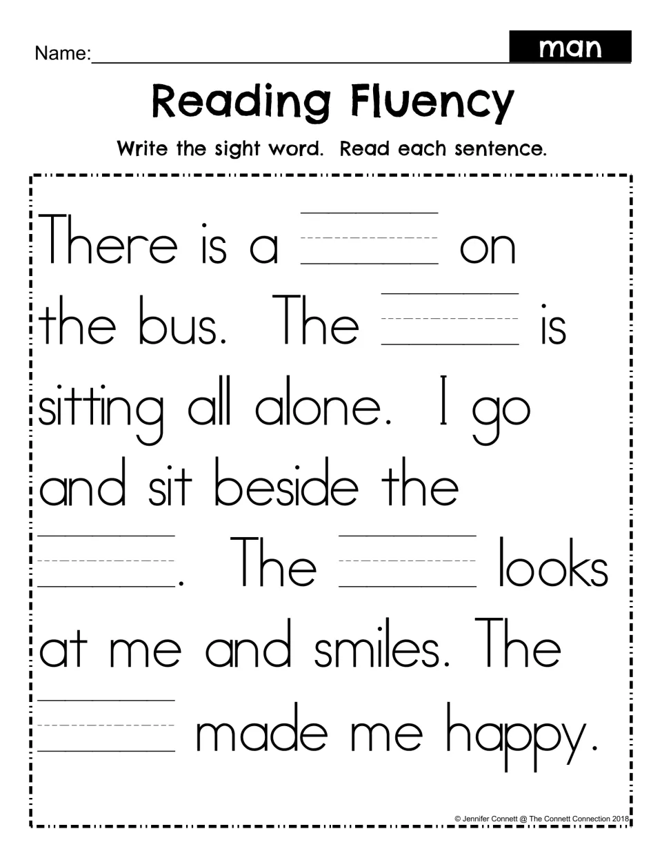 Sight word man fill-in: students write man in each blank of the bus story, then reread all the sentences for fluency