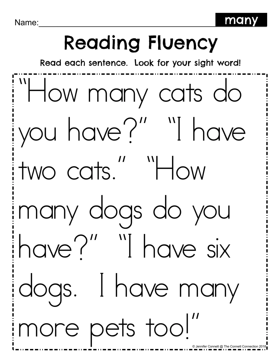 Reading Fluency for the sight word many: students read a short dialogue about cats and dogs and spot each use of many