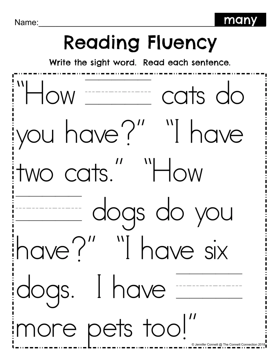 Sight word many fill-in: students write many in three blanks of the cats and dogs dialogue, then read each sentence