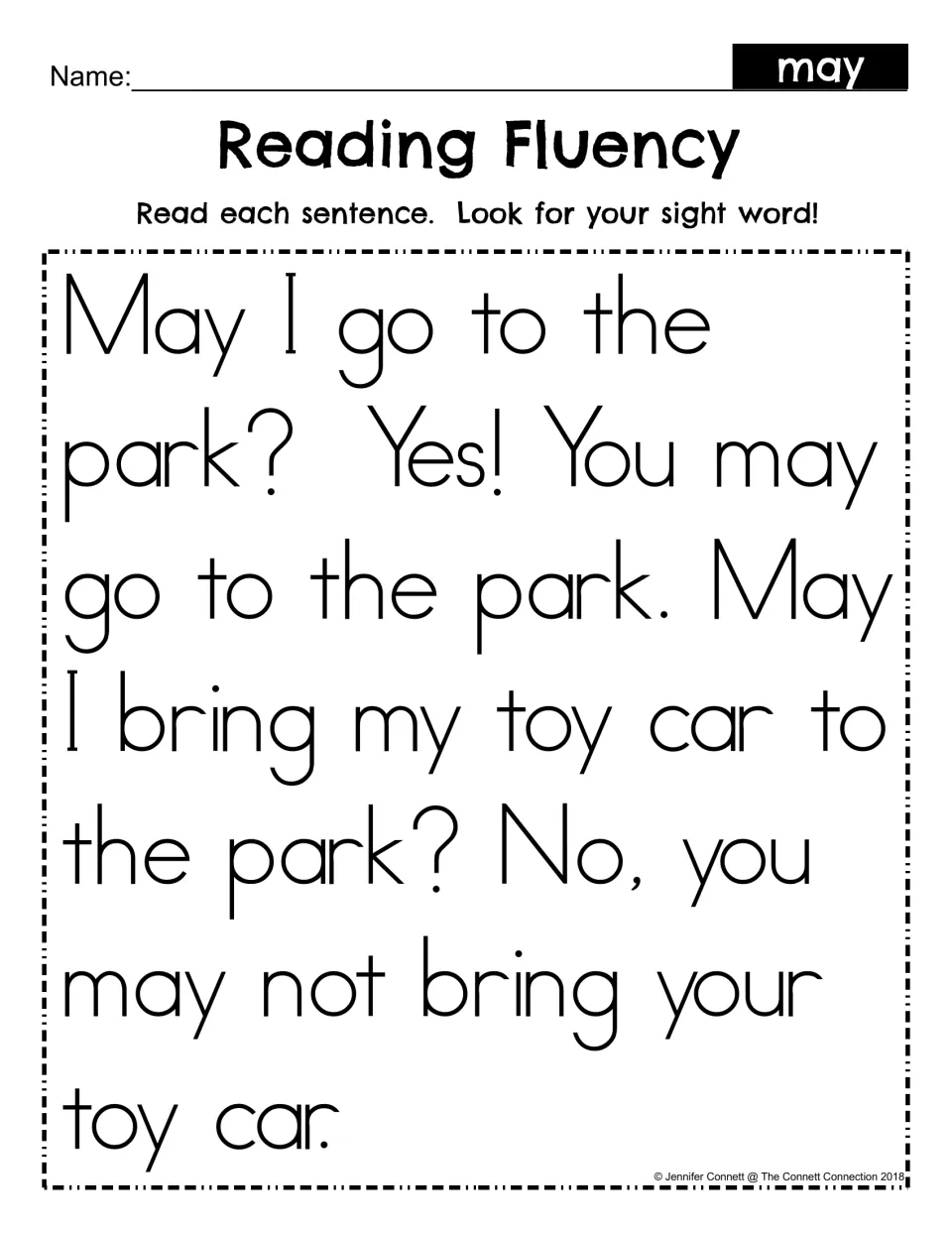 Reading fluency for sight word may: students read a short park and toy car passage and look for each use of may