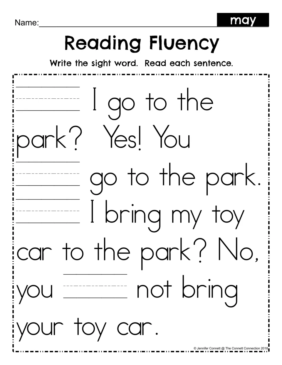 Sight word fill-in: students write may in four blanks of the park and toy car passage, then read each sentence aloud